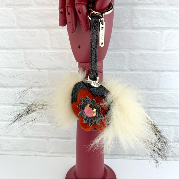 Authentic FENDI Mirror Floral Python Skin Leather Fur Bag Bug Charm - Picture 4 of 16